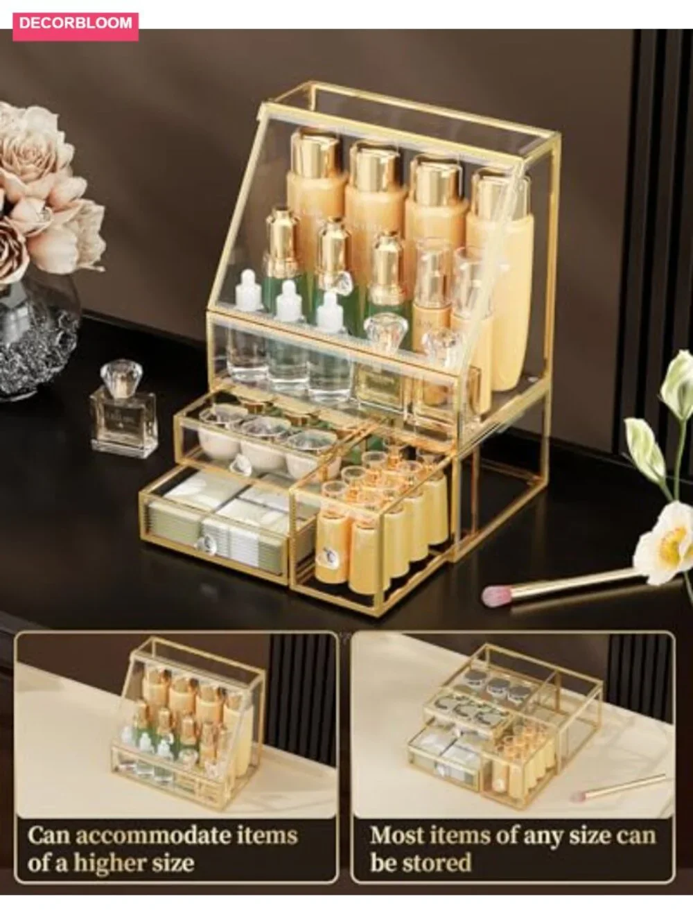 Glass Makeup Organizer with Drawer, Stackable Skincare Holder, Vanity Storage